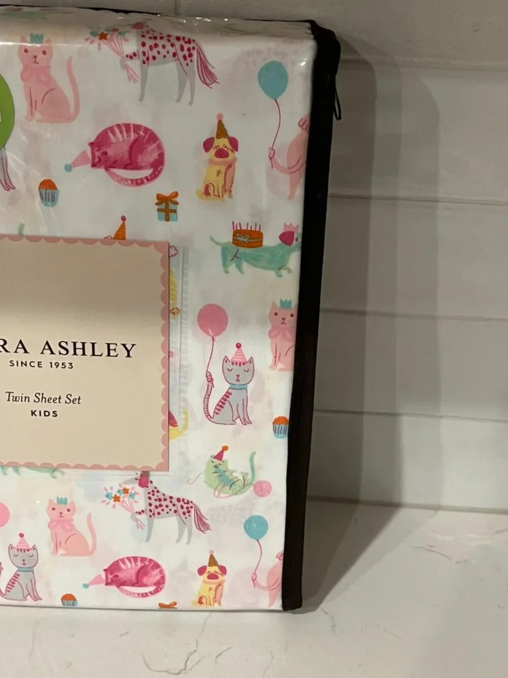 LAURA ASHLEY KIDS Twin White PARTY ANIMALS Sheet Set 3pc Dog Cat Pug Dachshund